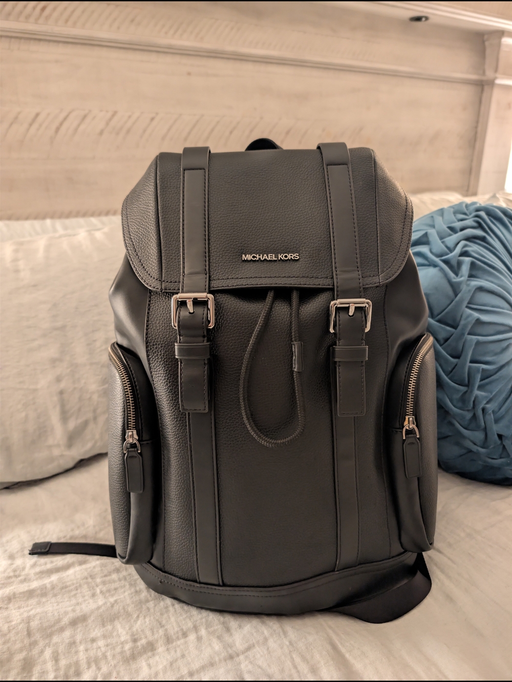 Michael Kors Cooper Black Pebbled Leather Flap Backpack Laptop Bag $498